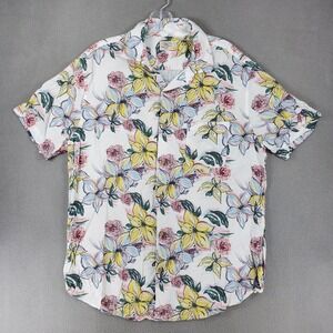 Faherty Button Front Shirt Mens L White Floral Rayon Short Sleeve Tropical Aloha